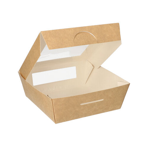 Boîtes alimentaires. en carton. avec fenêtre transparente en PLA rectangulaire 750 ml 14 cm x 14 cm x 5 cm marron (100 unités)
