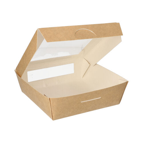 Boîtes alimentaires. en carton. avec fenêtre transparente en PLA rectangulaire 1000 ml 16 cm x 16 cm x 5 cm marron (100 unités)