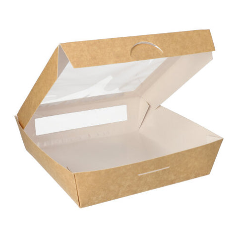 Boîtes alimentaires. en carton. avec fenêtre transparente en PLA rectangulaire 1500 ml 19 cm x 19 cm x 5 cm marron (100 unités)