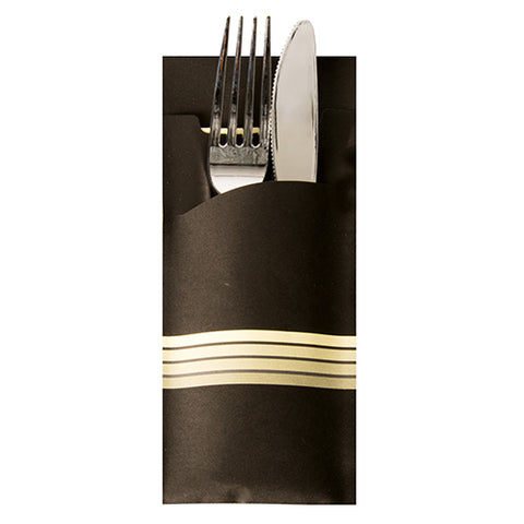 Pochettes à couverts 20 cm x 8.5 cm noir/crème "Stripes" serviette couleur incluse 33 x 33 cm. 2-plis
