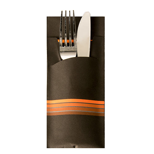 Pochettes à couverts 20 cm x 8.5 cm noir/orange "Stripes" serviette couleur incluse 33 x 33 cm. 2-plis