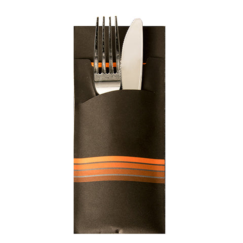 Pochettes à couverts 20 cm x 8.5 cm noir/orange "Stripes" serviette couleur incluse 33 x 33 cm. 2-plis
