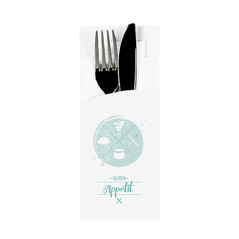 Pochettes à couverts 20 cm x 8.5 cm blanc "Bon appétit" serviette blanche 33 x 33 cm 2 plies incluse