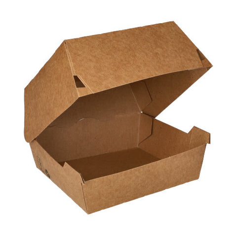Boites hamburger en carton fibres vierges 7 cm x 12.5 cm x 12.5 cm marron "100% Fair" grand (320 unités)