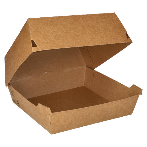 Boites hamburger en carton fibres vierges 8.5 cm x 18.5 cm x 18.5 cm marron "100% Fair" très grande taille (225 unités)
