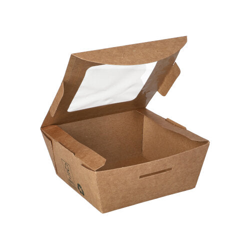 Boîtes alimentaires. en carton. avec fenêtre transparente en PLA "pure" rectangulaire 350 ml 4.5 cm x 9 cm x 9 cm marron "100% Fair" (480 unités)