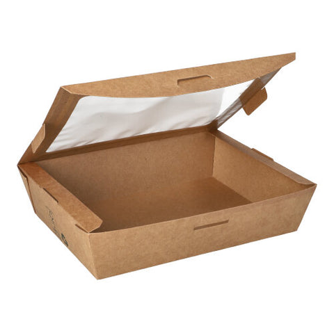 Boîtes alimentaires. en carton. avec fenêtre transparente en PLA "pure" rectangulaire 1000 ml 4.5 cm x 18 cm x 13 cm marron "100% Fair" (160 unités)