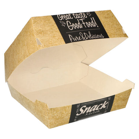 Boites hamburger en carton fibres vierges "pure" 8.5 cm x 18.5 cm x 18.5 cm "Good Food" XXL (200 unités)