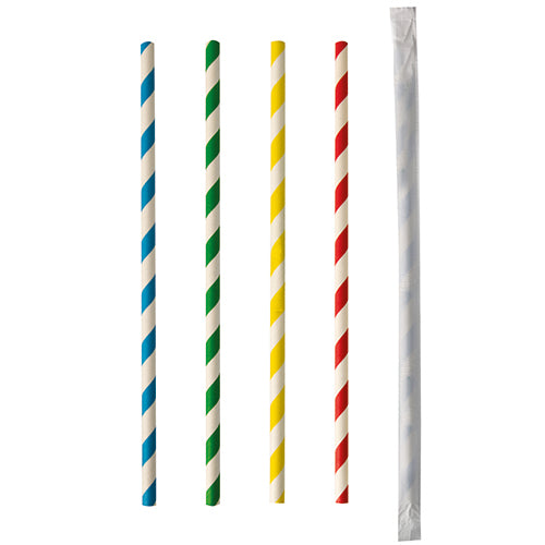 Pailles en papier Ø 6 mm · 20 cm couleurs assorties "Stripes" emballage individuel (1000 unités)