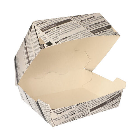 Boites hamburger en carton fibres vierges 7 cm x 12,5 cm x 12,5 cm "Newsprint" grand (400 unités)