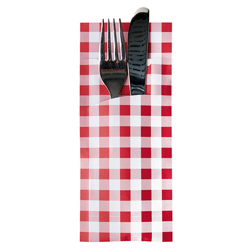 Pochettes à couverts 20 cm x 8.5 cm rouge "Vichy Karo" serviette blanche 33 x 33 cm 2 plies incluse