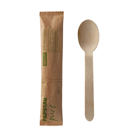 Cuillères de bois "pure" 16 cm enveloppées individuellement en emballage papier (500 unités)