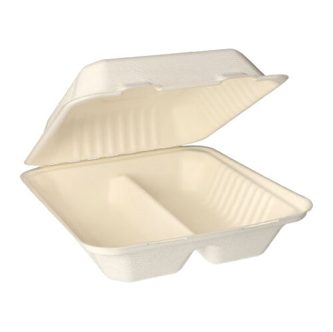 Boîtes Menu en sucre de canne "pure" 2 compartiments 7,7 cm x 20 cm x 22 cm blanc (125 unités)
