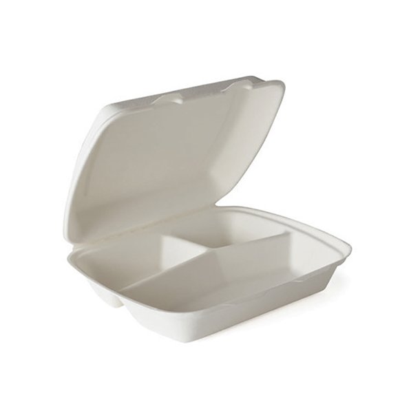 Boîtes repas 3 compart. 20,8 x 24,4 x 7 cm Blanc Bagasse (100 unités)