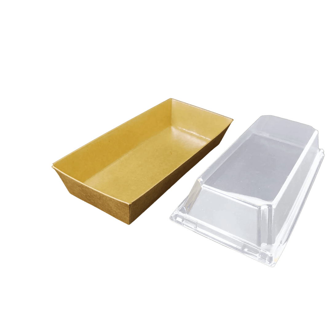 Boîte kraft rectangulaire T 19x8,5 B 17x7 H 3,5 avec couvercle PET (1000 unités)