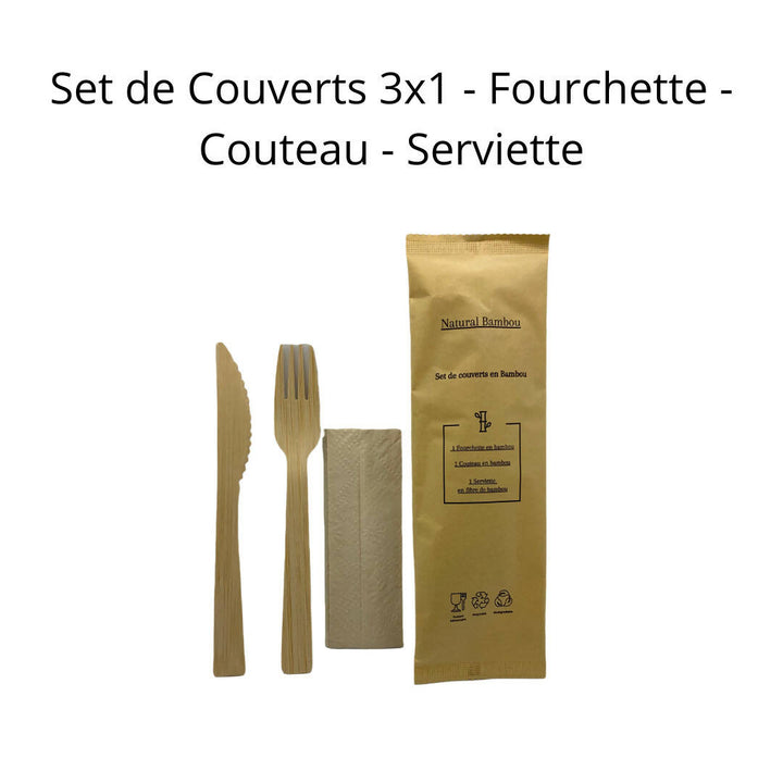 250 Sets de Couverts Bambou 3 en 1