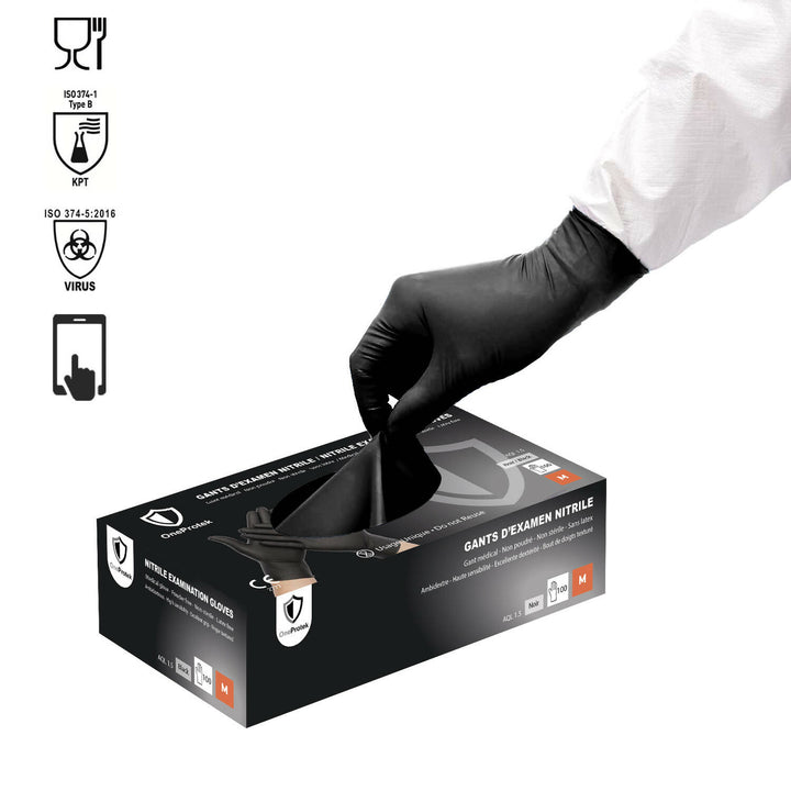 Gant Nitrile Noir non poudré - Taille XS - Lot de 10 boites de 100 Gants : 1000 pièces total