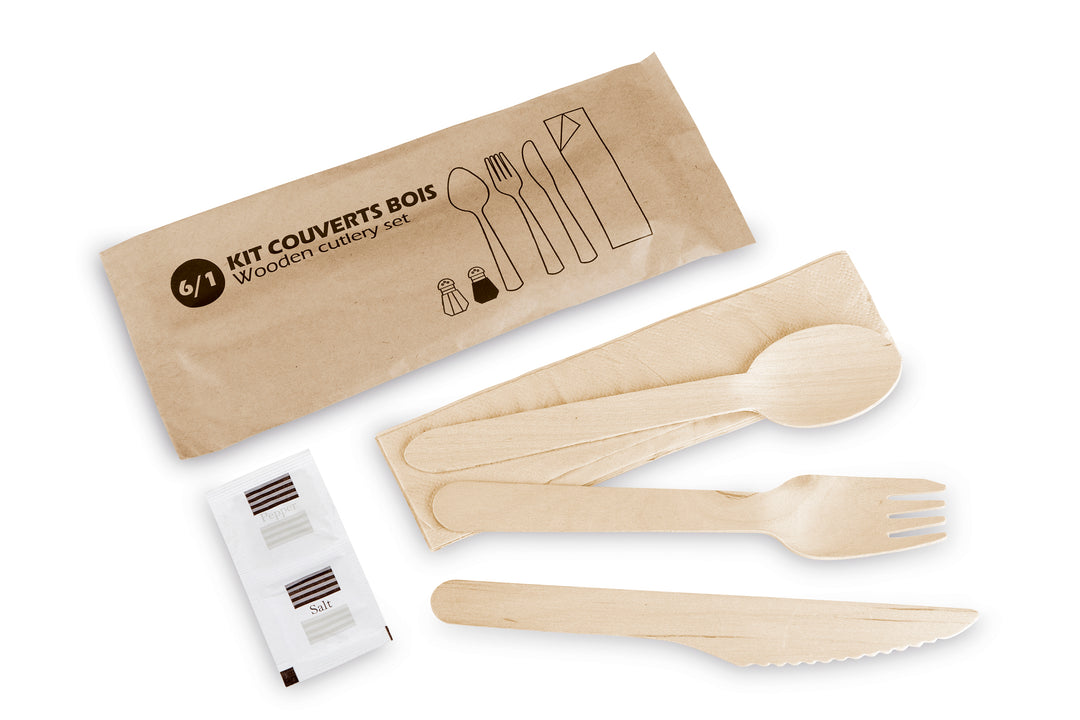 250 Kits Couverts Jetables Bois Biodégradables - Fourchettes Et Couteaux 16cm