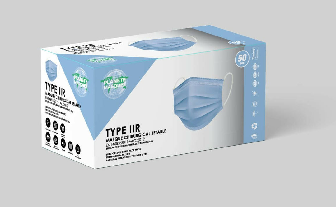 Masques chirurgicaux type 2R Bleu - Planète Masques - 60 boites de 5 sachets de 10 masques - Total 3000 unités