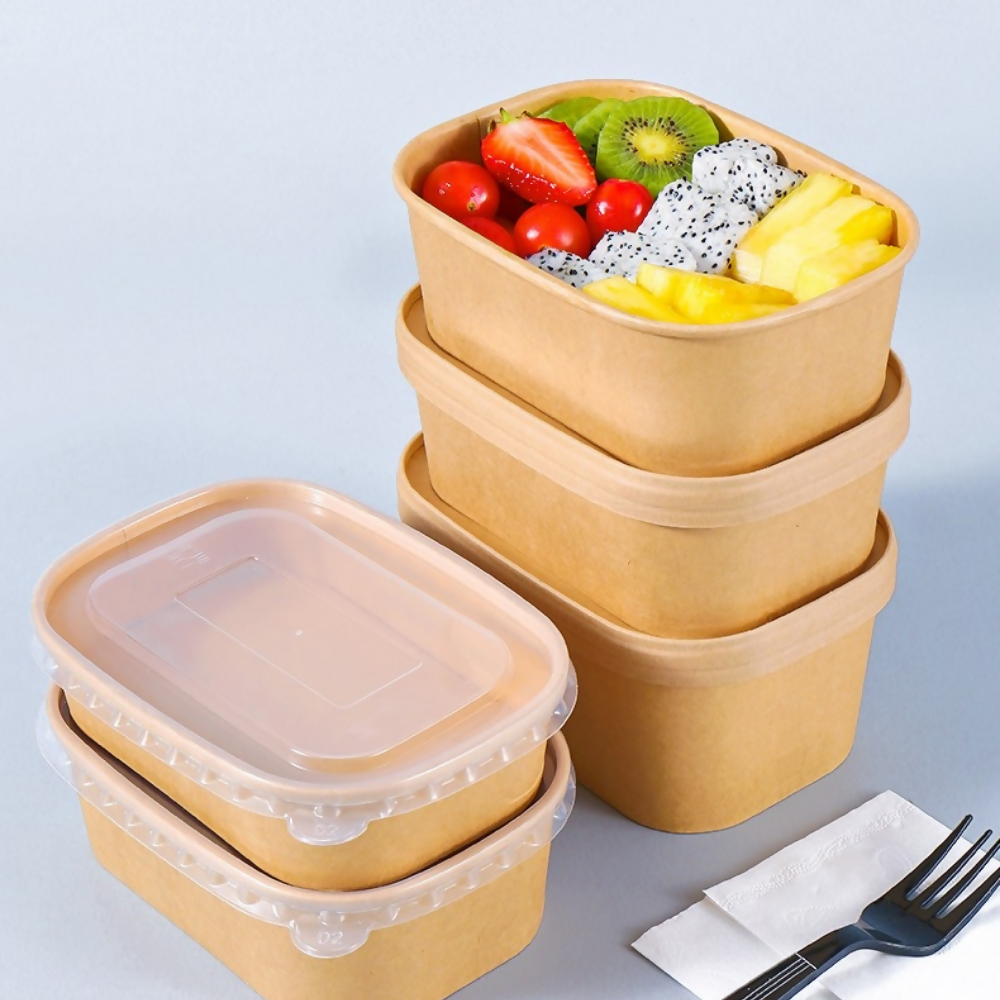 Bol kraft rectangulaire 500 mL 17,3x12,1x4,1 avec couvercle PP (300 unités)