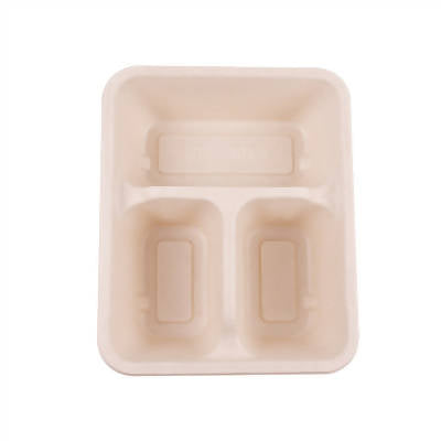 PLATEAUX 3 COMPART + COUVERCLE PET 'BIONIC' 950 ML 22x18x5,5+1,3 CM NATUREL BAGASSE