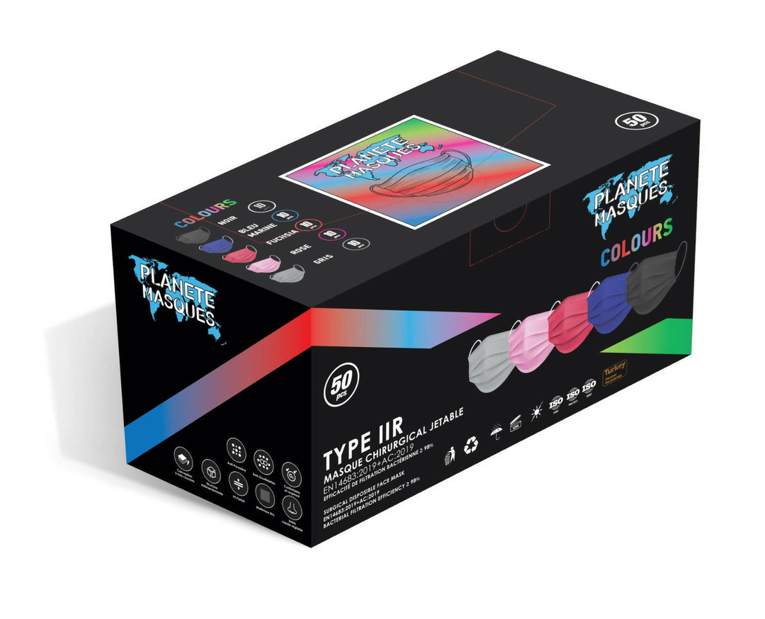 Masques chirurgicaux type 2R Multi Couleurs - Planète Masques - 48 boites de 5 sachets de 10 masques - Total 2400 unités