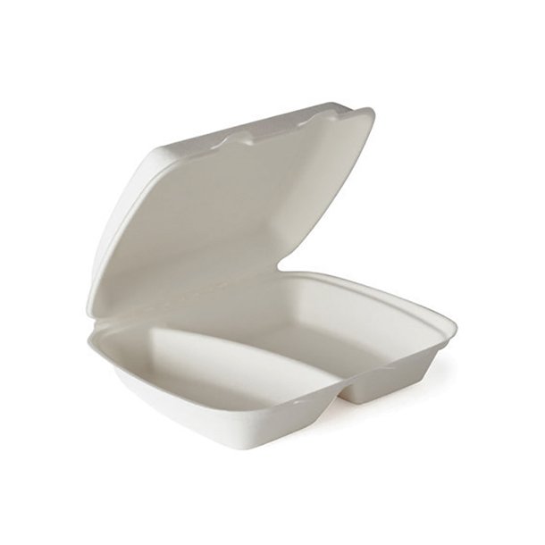 Boîtes repas 2 compart. 20,8 x 24,4 x 7 cm Blanc Bagasse (100 unités)