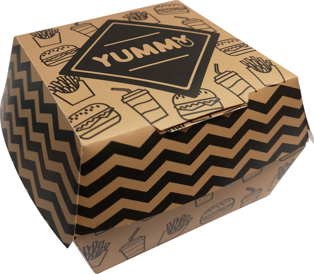 Boîtes géantes burger carton brun avec impression 15x15x9cm (300 unités)