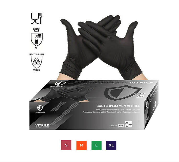 Gant Vitrile Noir non poudré - Taille S - Lot de 10 boites de 100 Gants : 1000 pièces total