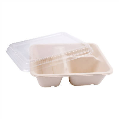 PLATEAUX 3 COMPART + COUVERCLE PET 'BIONIC' 950 ML 22x18x5,5+1,3 CM NATUREL BAGASSE